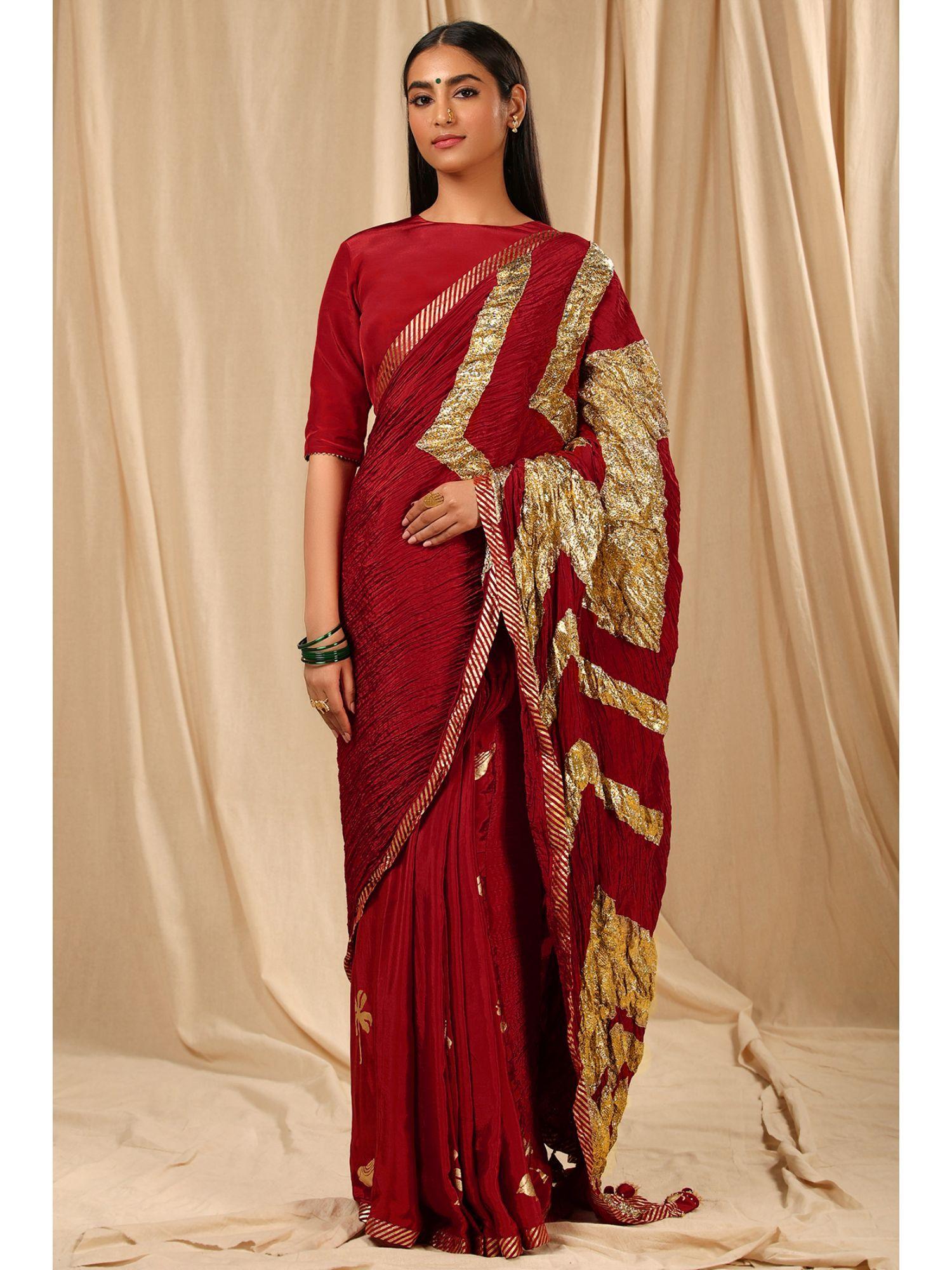 maroon vintage fiona gota saree with unstitched blouse with unstitched