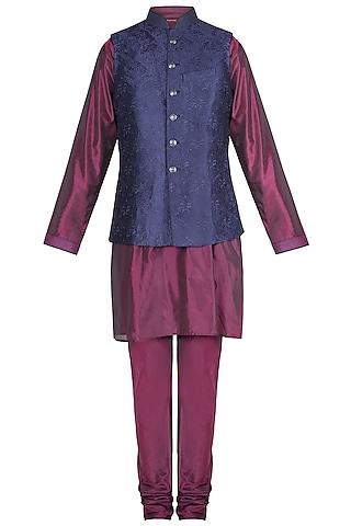 maroon & blue embroidered waist coat with kurta & pants