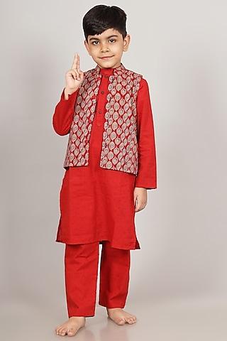 maroon & brown printed nehru jacket with kurta set for boys