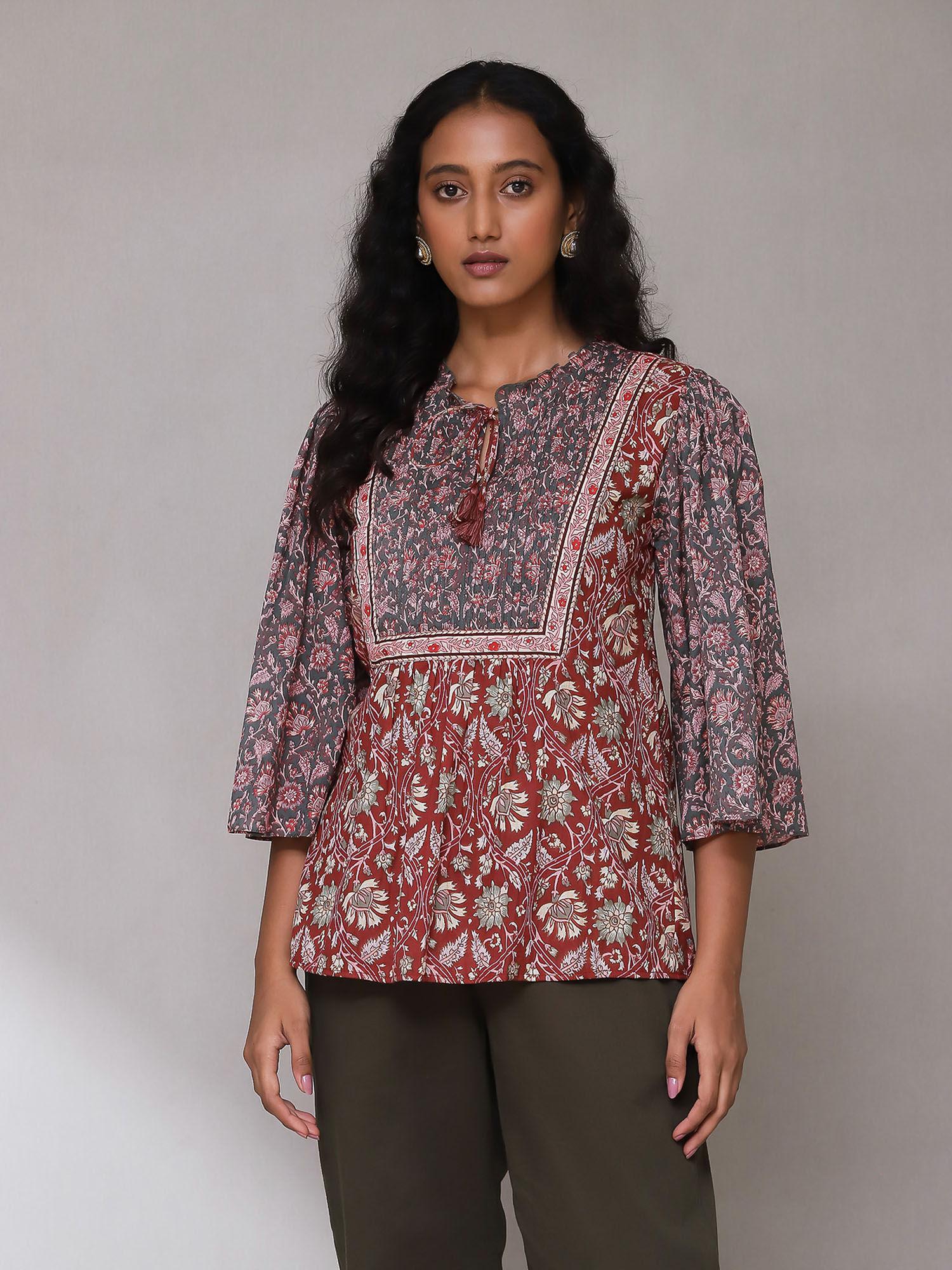 maroon & grey floral print kurti