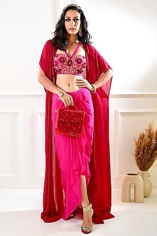 maroon & pink chiffon cape set