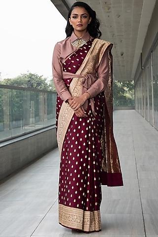maroon & pink embroidered saree set
