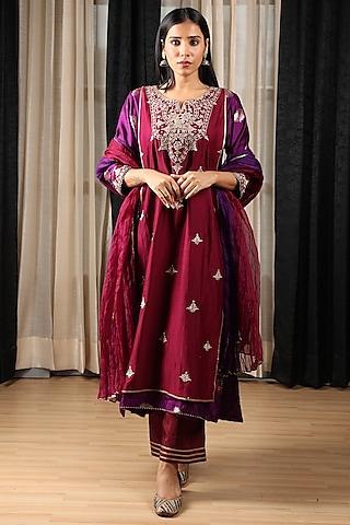 maroon & purple banarasi silk hand embroidered kurta set