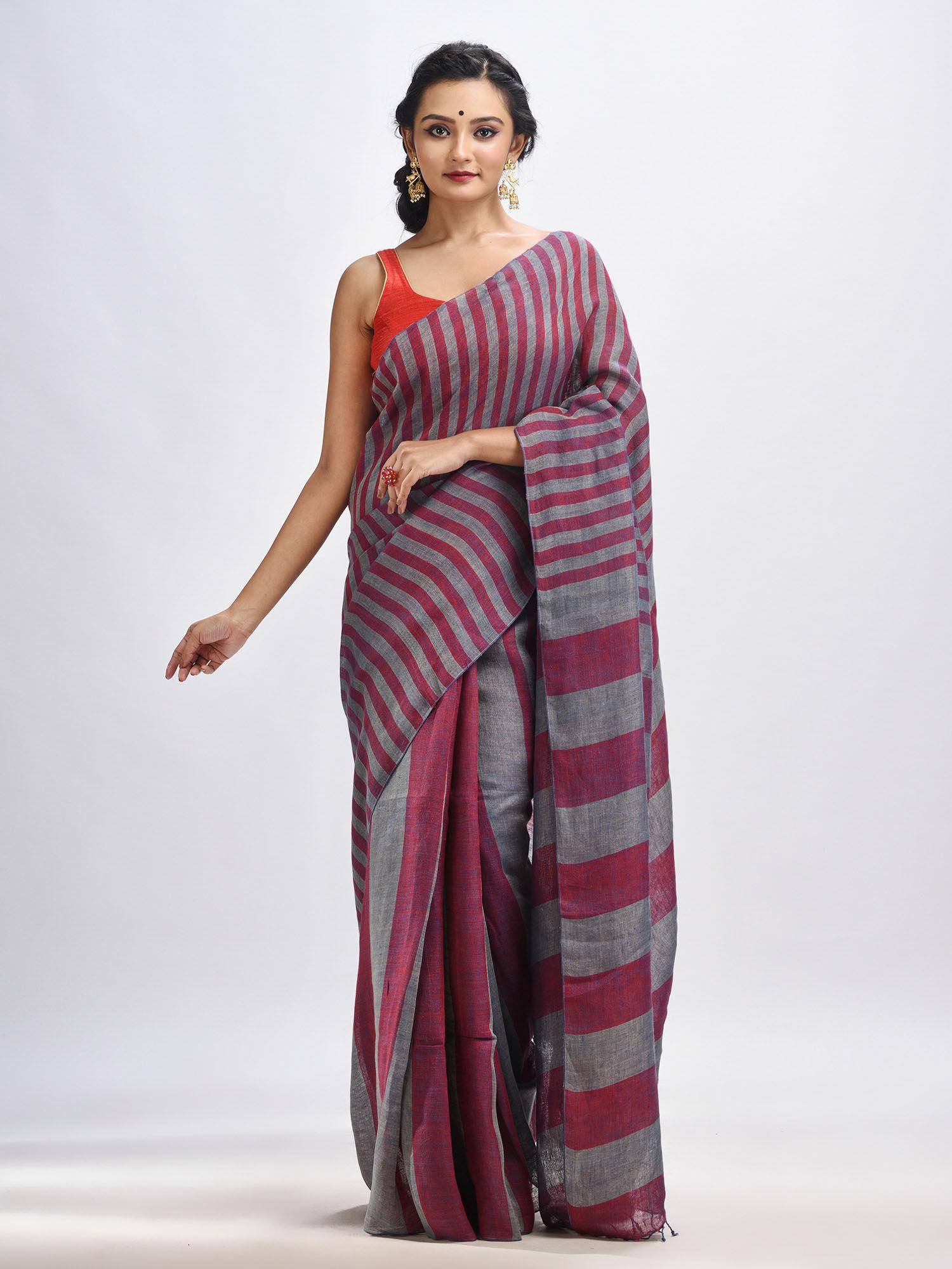 maroon & steel stripes hand woven linen handloom saree with unstitched blouse