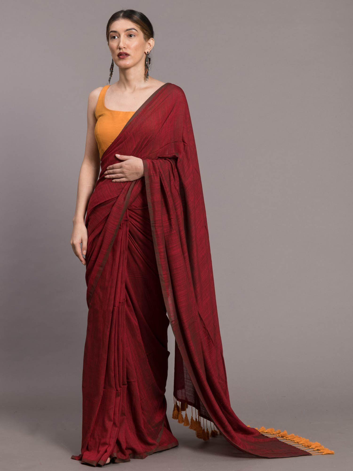 maroon & yellow mul viscose saree without blouse