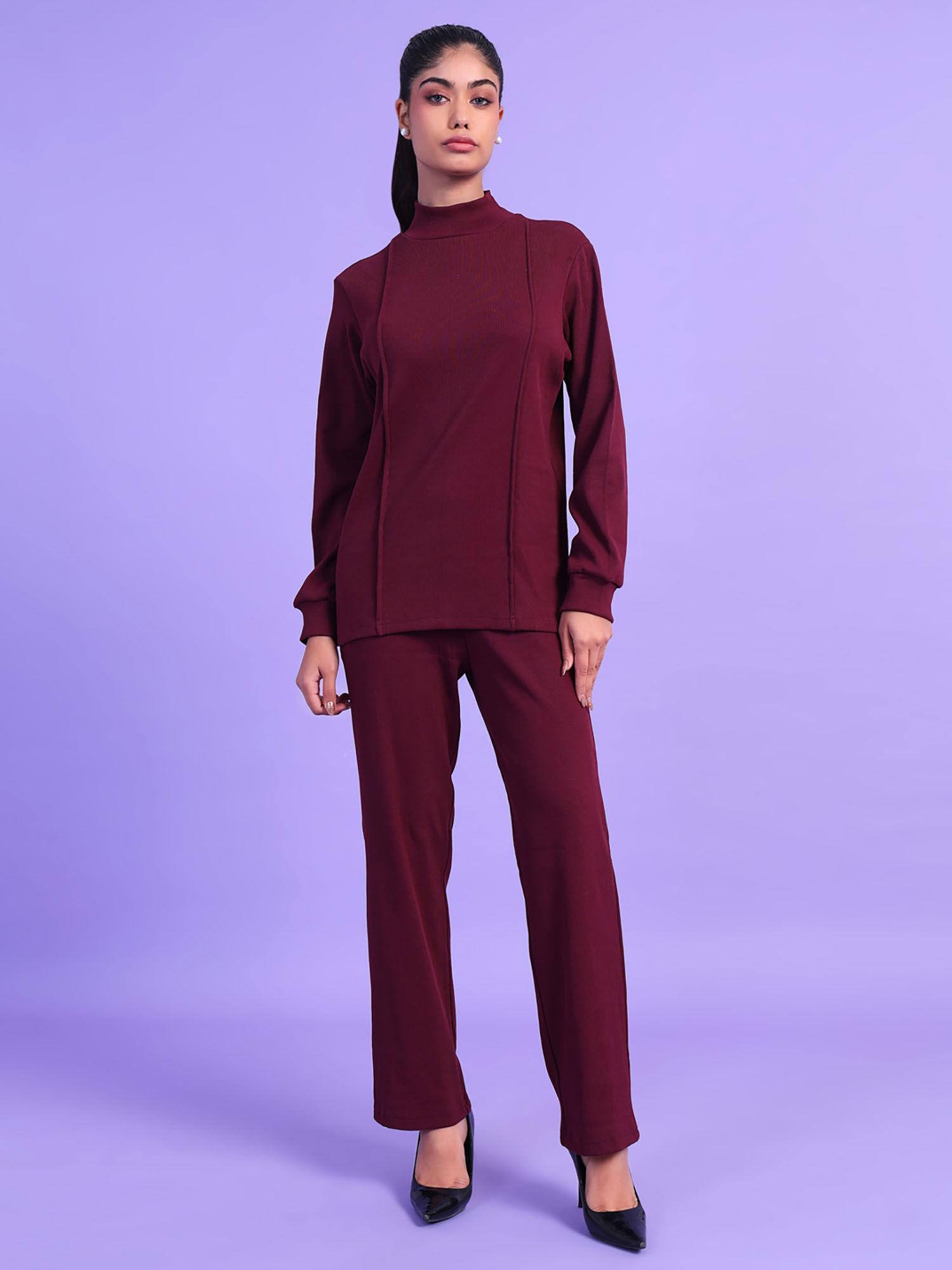 maroon 2 pc ribbed cotton co-ord (set of 2)