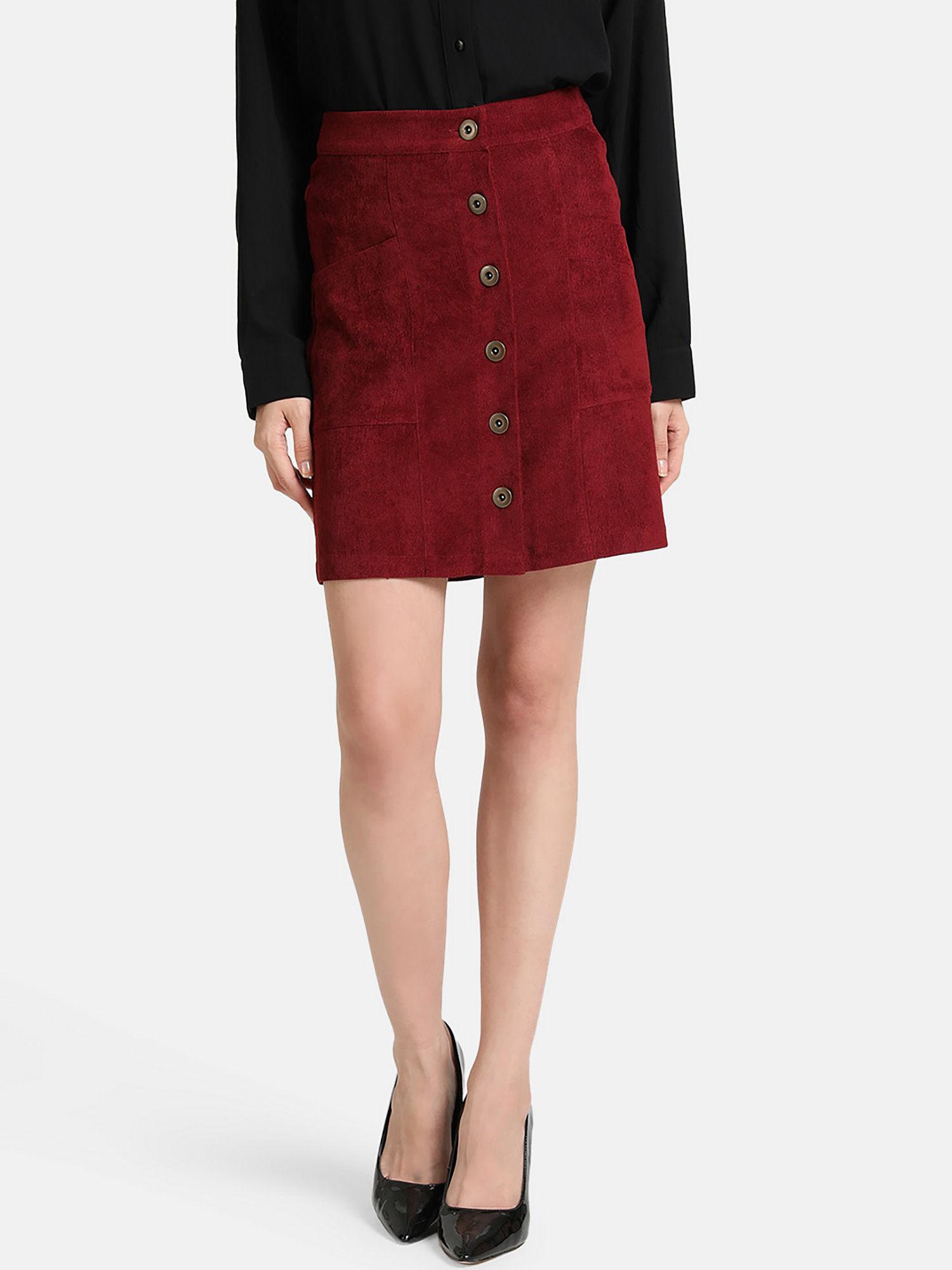 maroon a-line skirt with button detailing