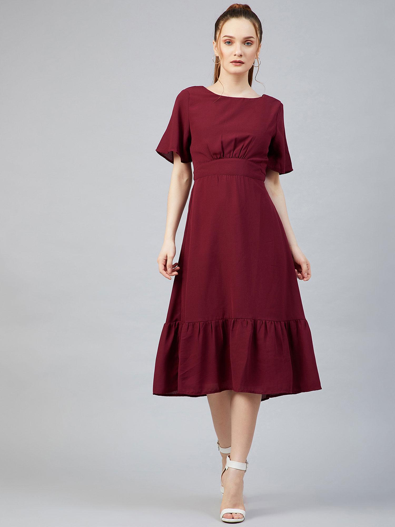 maroon a-line solid midi dress