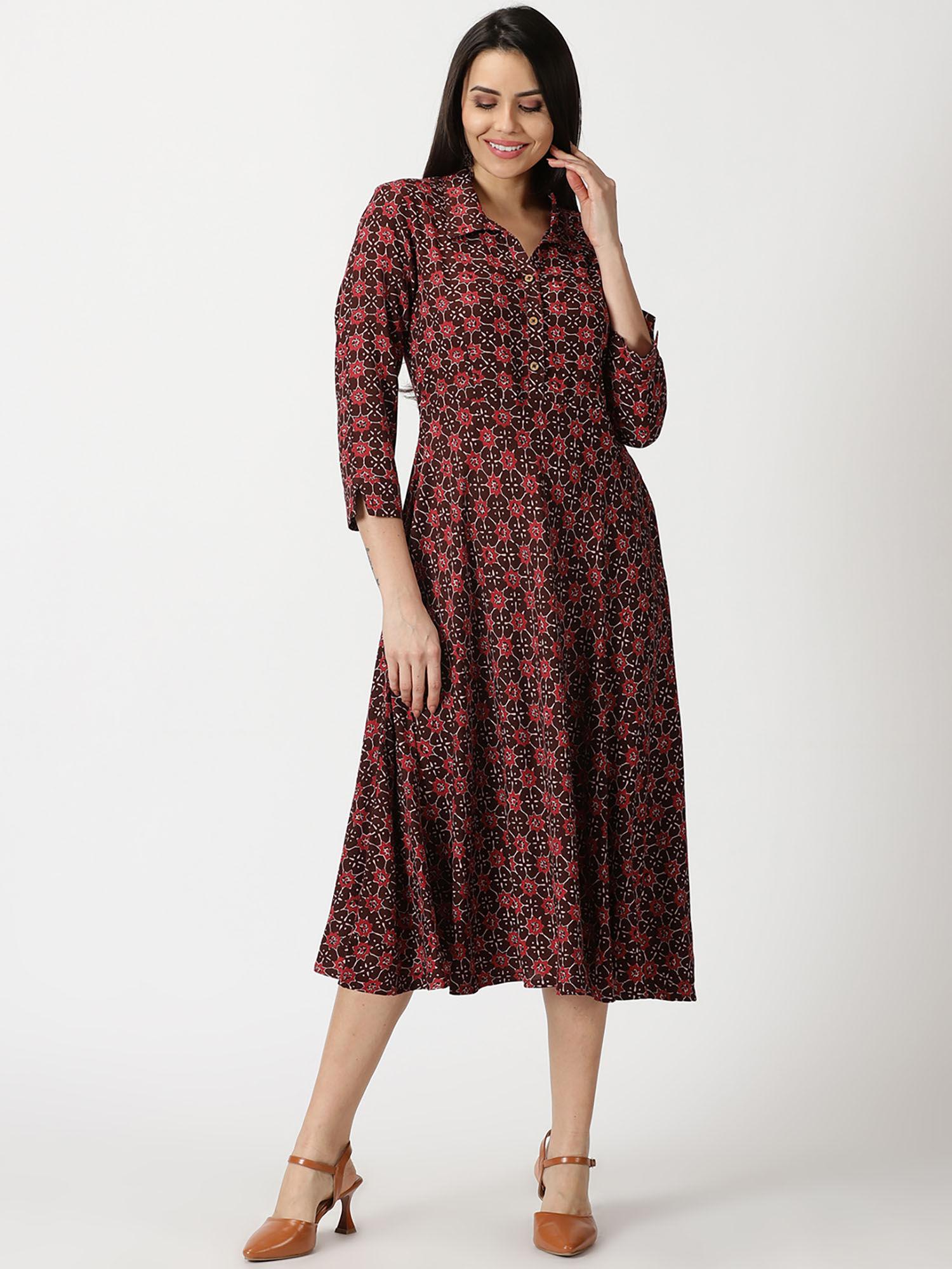 maroon abstract print shirt collar midi dress