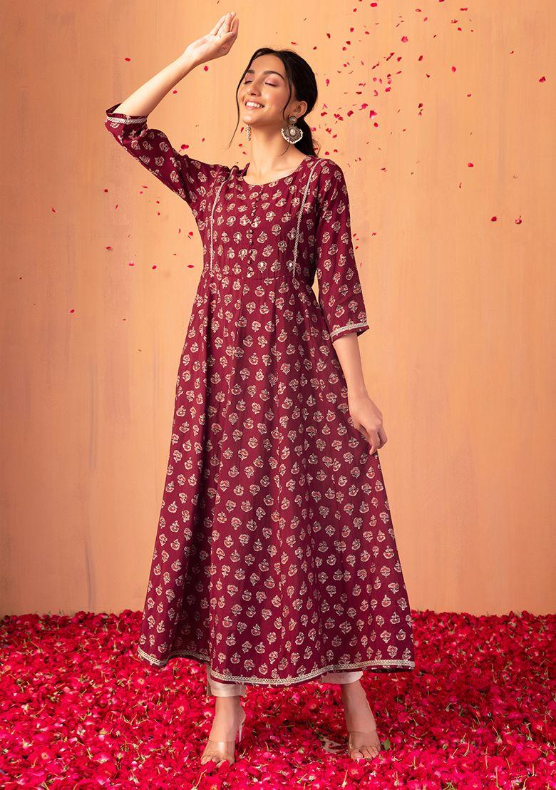 maroon ajrakh print muslin kurta