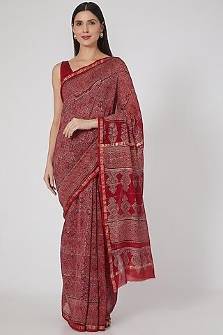 maroon ajrakh printed saree set