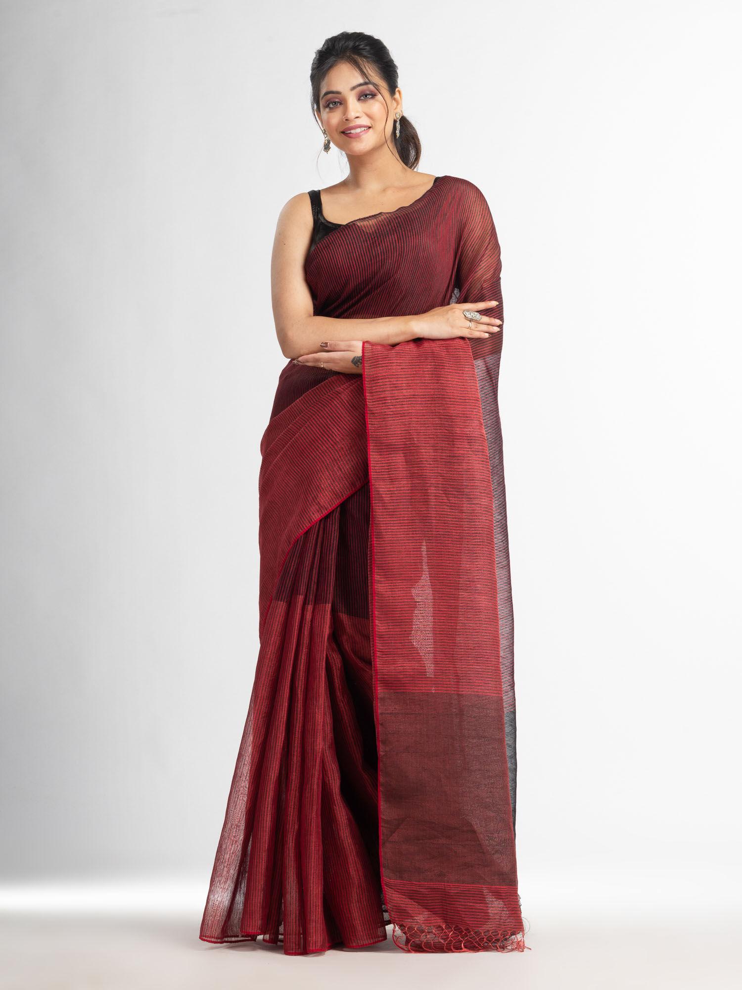 maroon all body type check with maroon pallu tissue linen saree with unstitched blouse