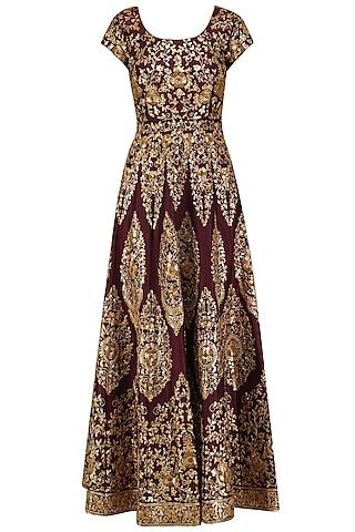 maroon and gold embroidered anarkali set