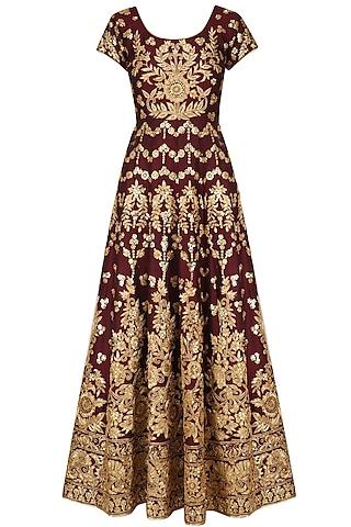 maroon and gold floral embroidered anarkali set