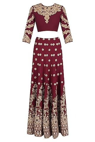 maroon and gold floral embroidered lehenga set