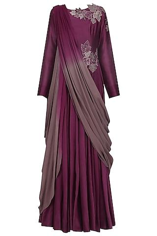 maroon and gunmetal floral embroidered drape anarkali kurta