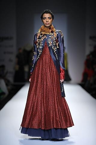 maroon angrakha layered anarkali with indigo embroidered jacket