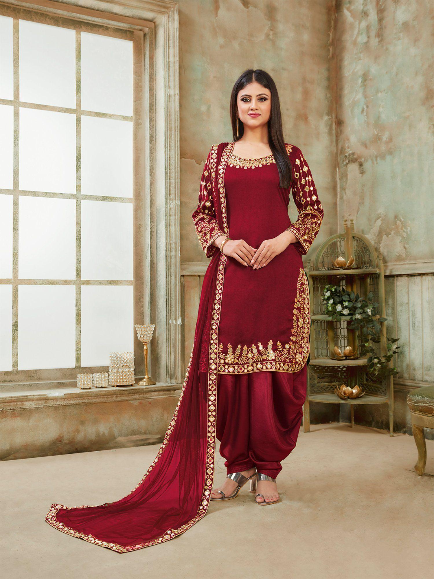 maroon art silk embroidered semi stitched dress material (set of 3)