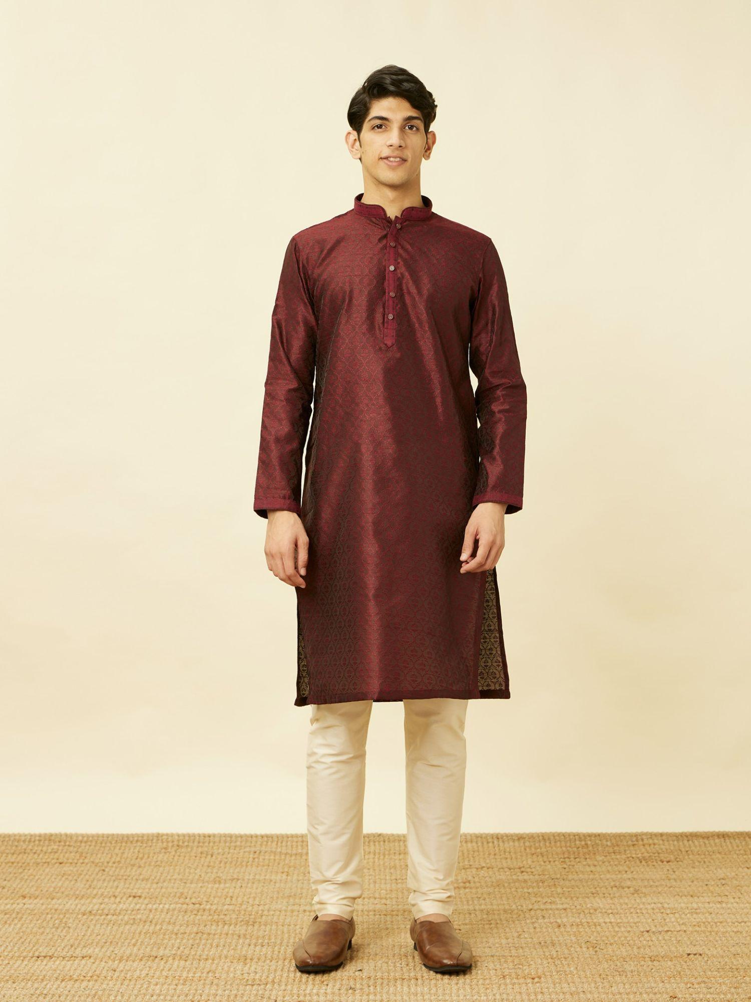 maroon art silk jacquard traditional kurta (set of 2)