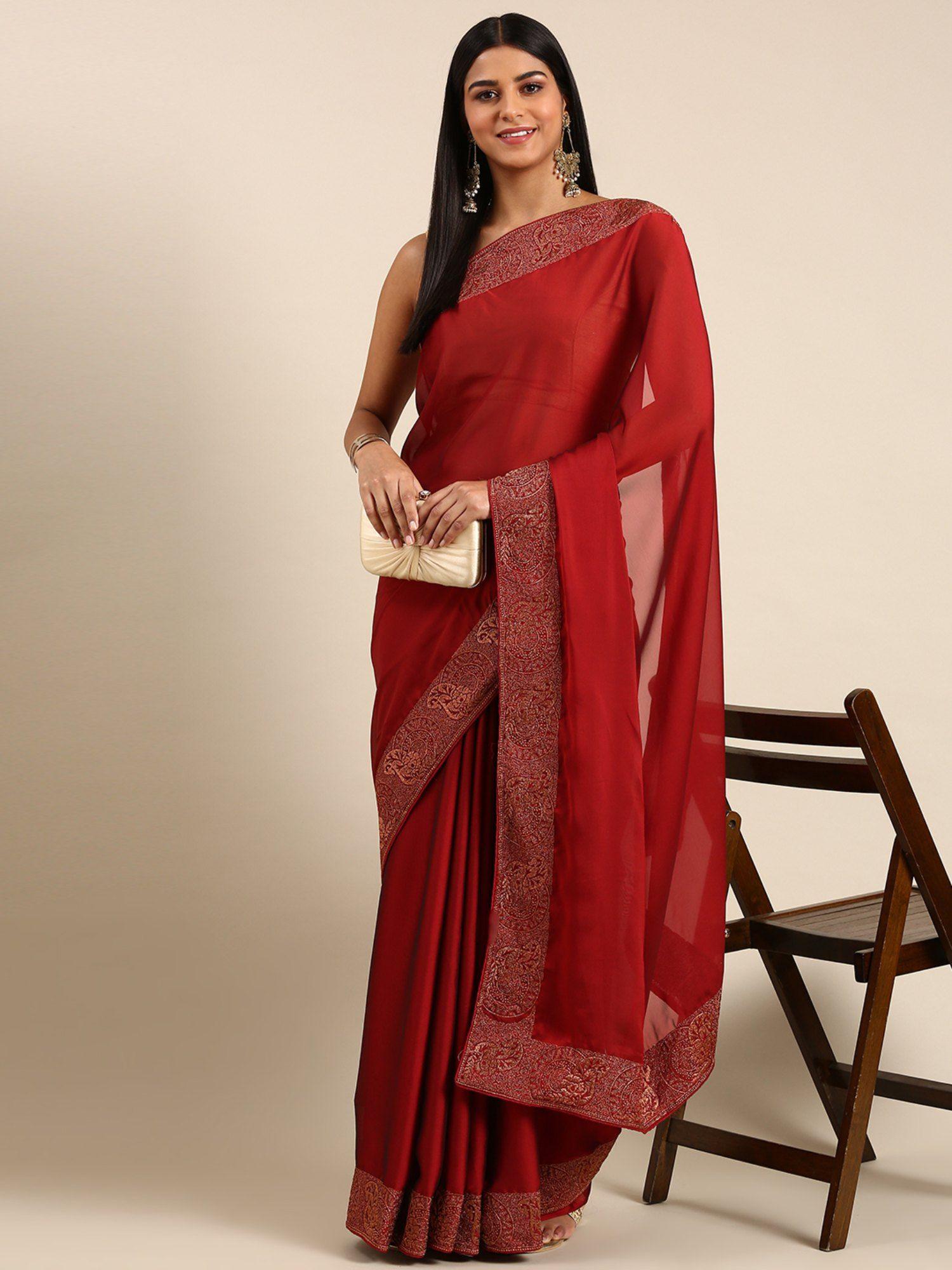 maroon art silk plain rich zari border designer saree with unstitched blouse with unstitched