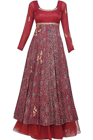 maroon azrak floral embroidered anarkali set