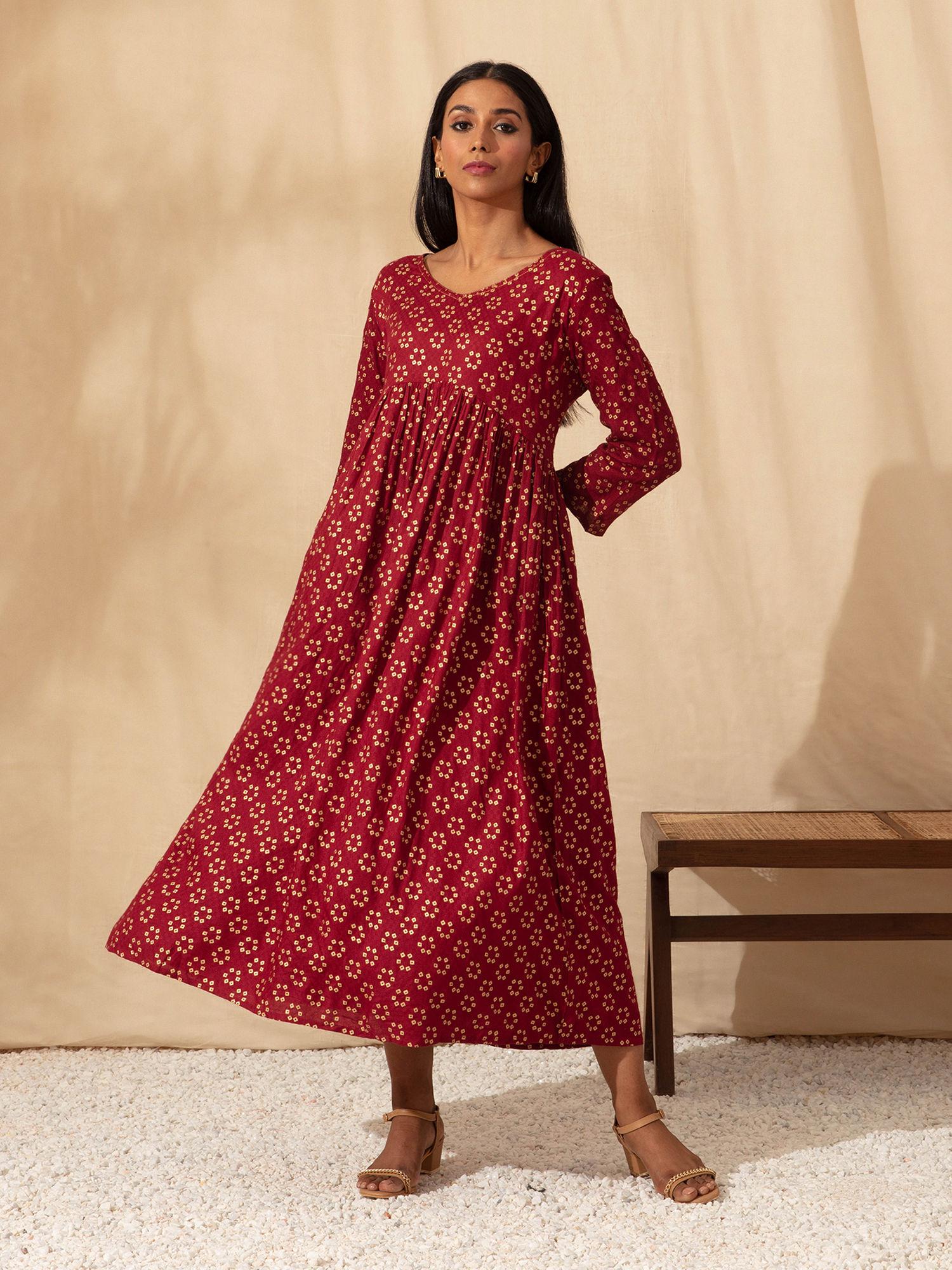 maroon bagru printed gathered waist rayon dress likdrs21