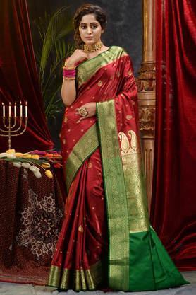 maroon banarasi handloom satin silk saree with embroidery work with blouse piece - maroon