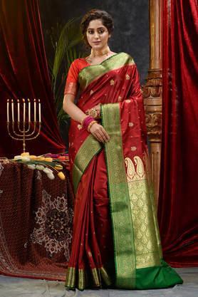 maroon banarasi handloom satin silk saree with embroidery work with blouse piece - maroon