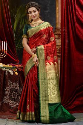 maroon banarasi handloom satin silk saree with embroidery work with blouse piece - maroon