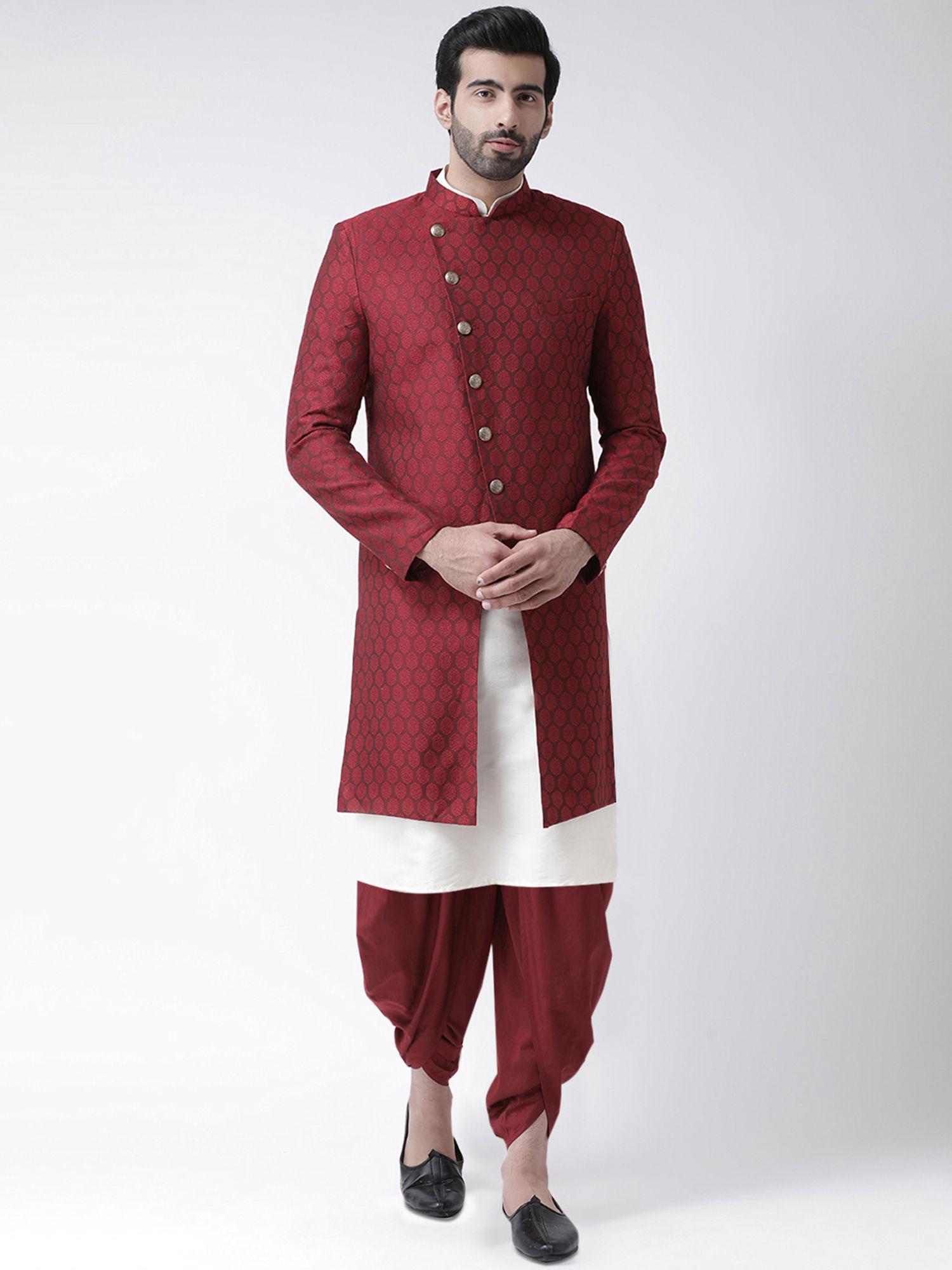maroon banarasi jacquard self-design sherwani and achkan with dhoti (set of 3)