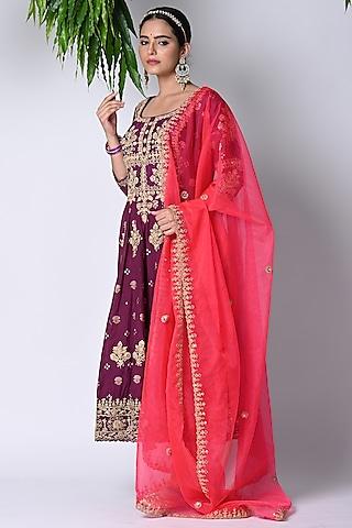 maroon banarasi machine embroidered anarkali set