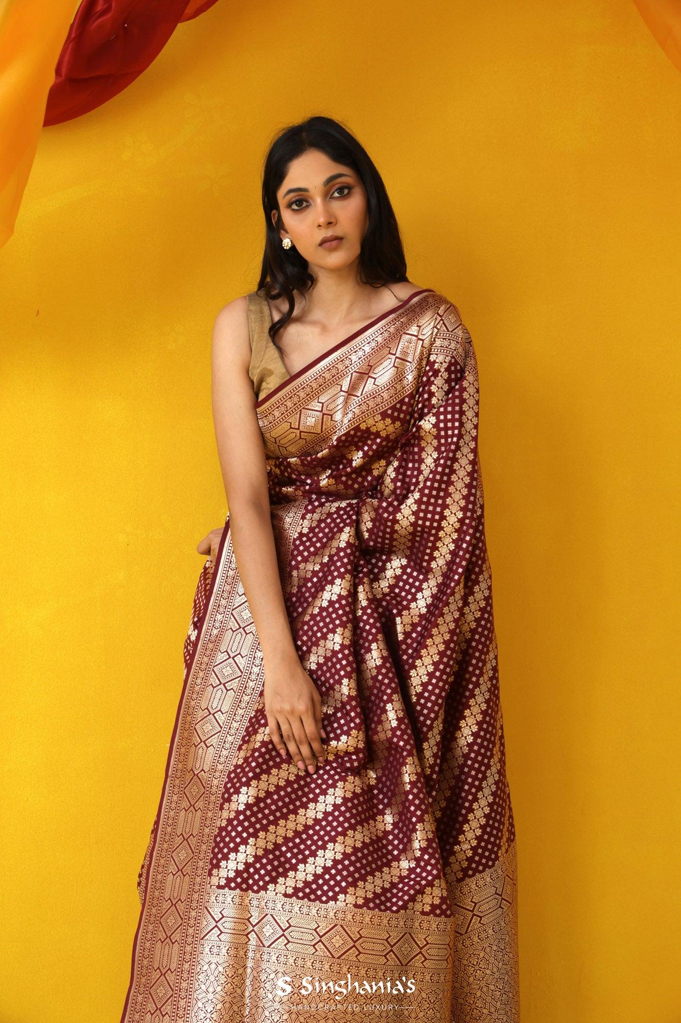 maroon banarasi silk saree with floral stripes pattern