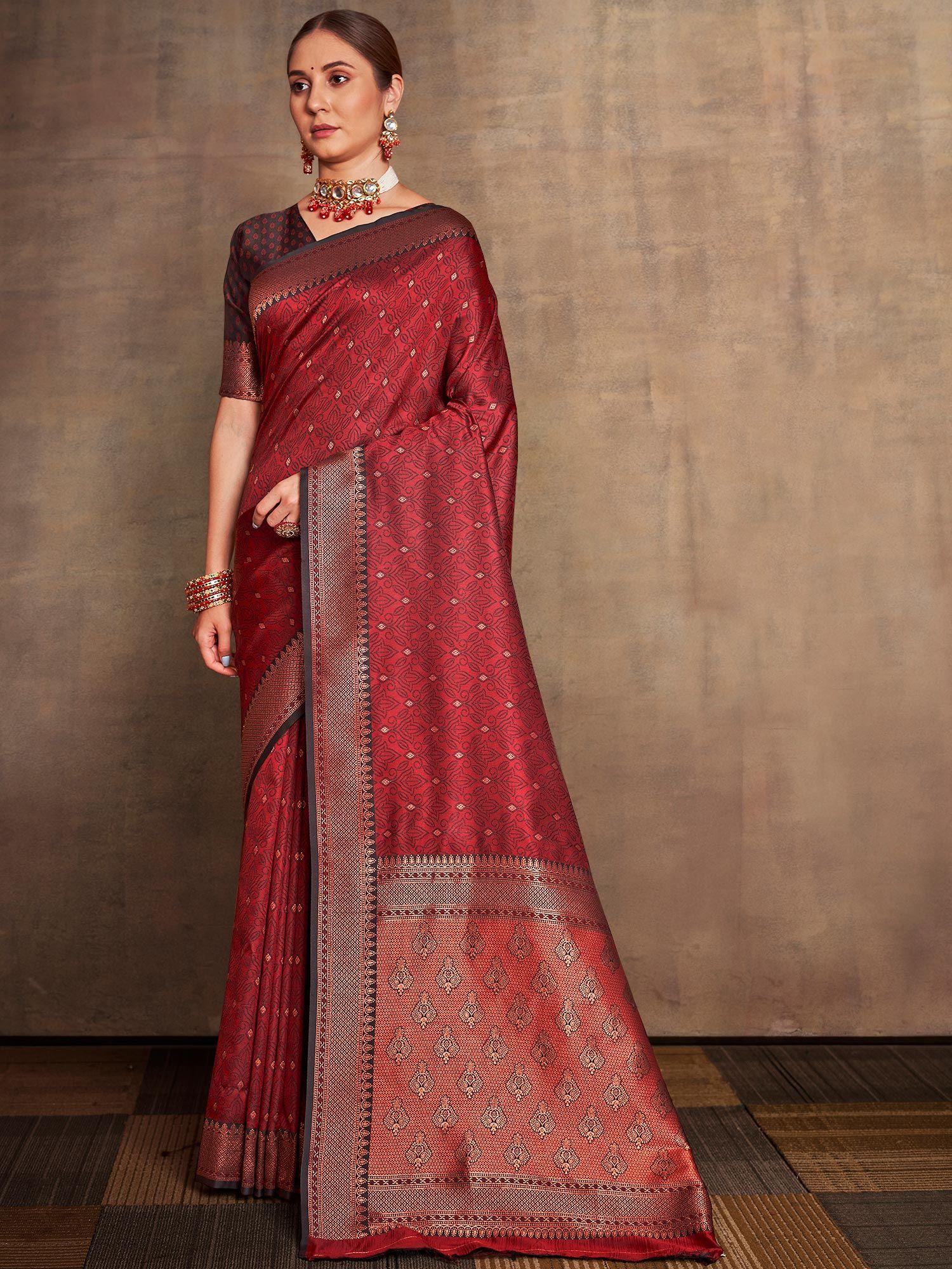 maroon banarasi woven zari festive saree & unstitched blouse