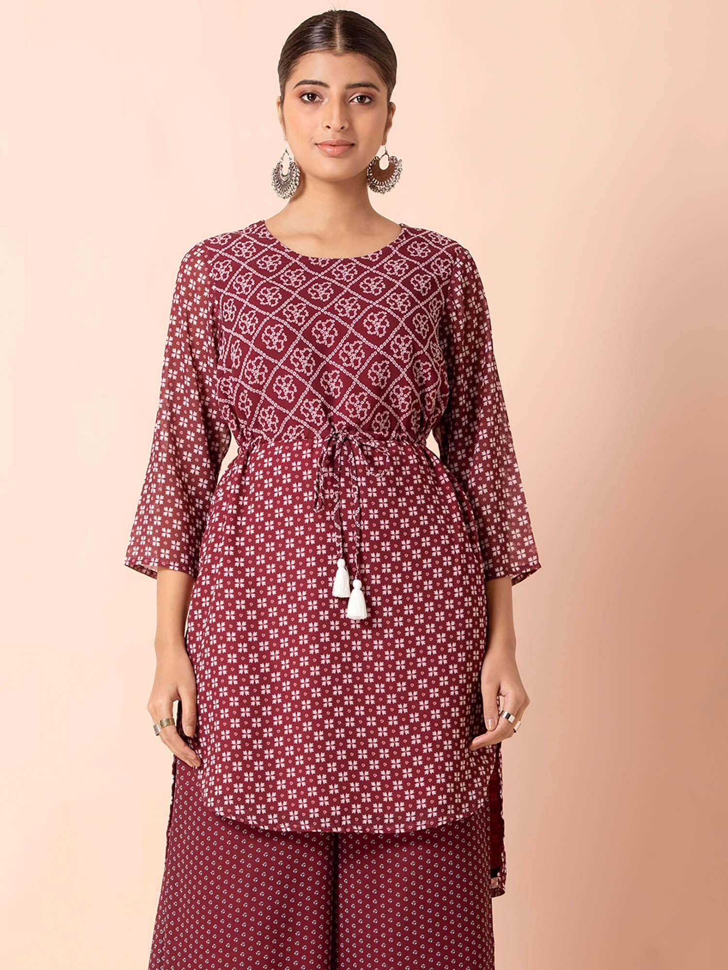 maroon bandhani drawstring high low short tunic