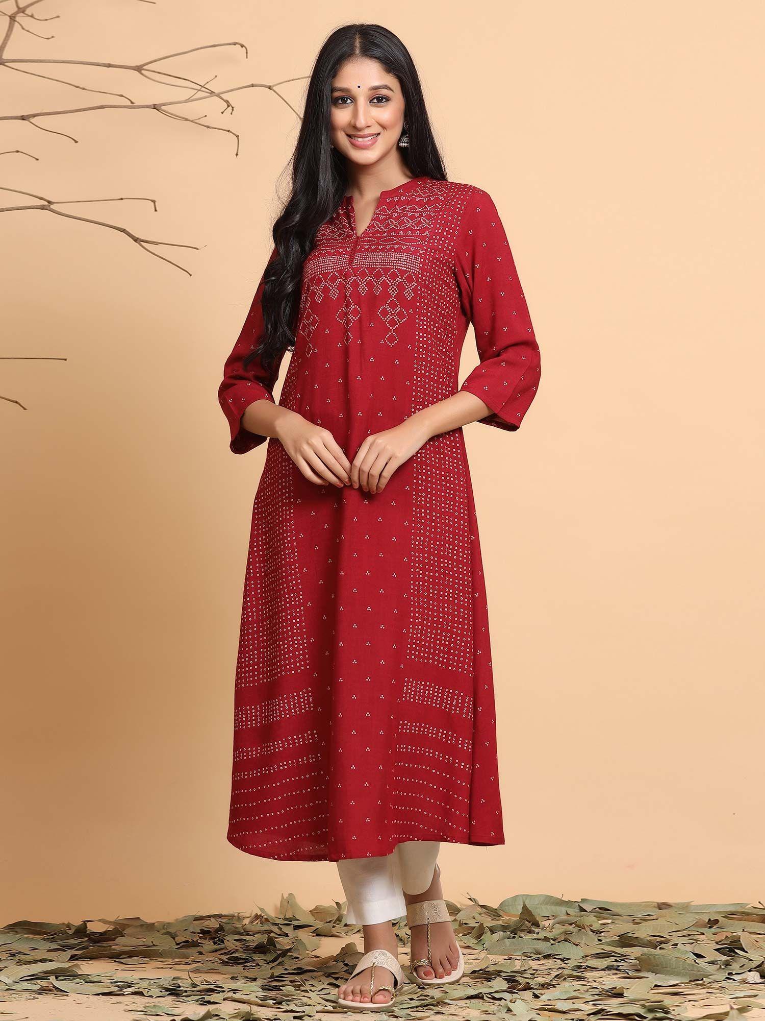 maroon bandhani printed rayon slub a-line kurta.