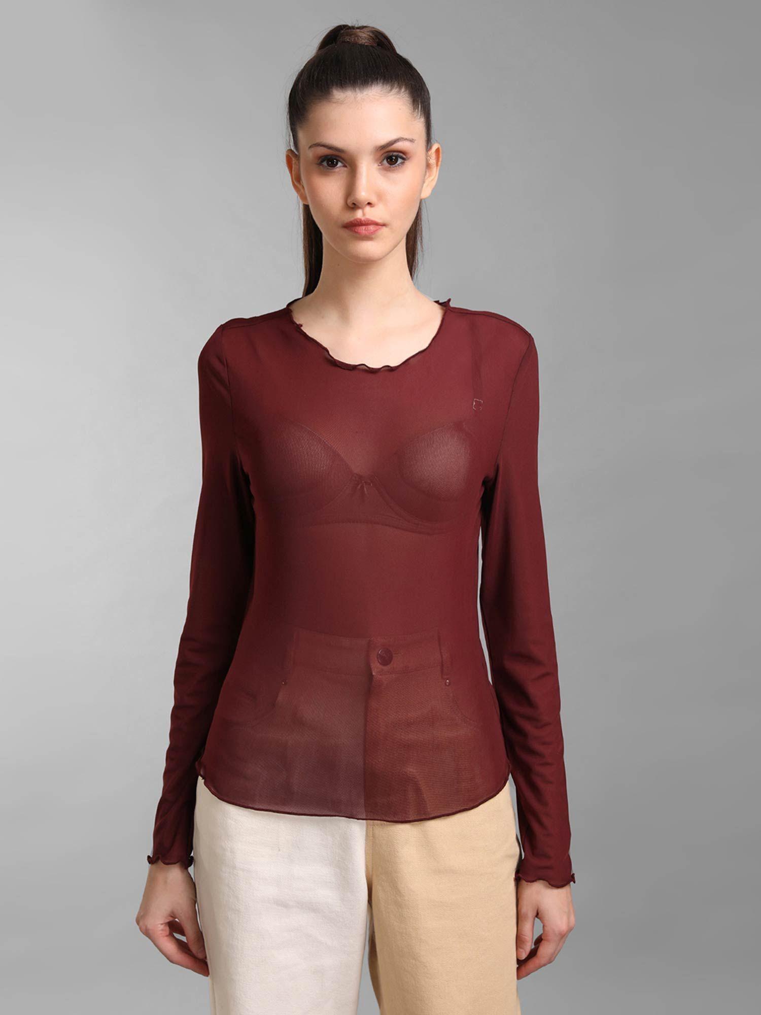 maroon basic full sleeves mesh top