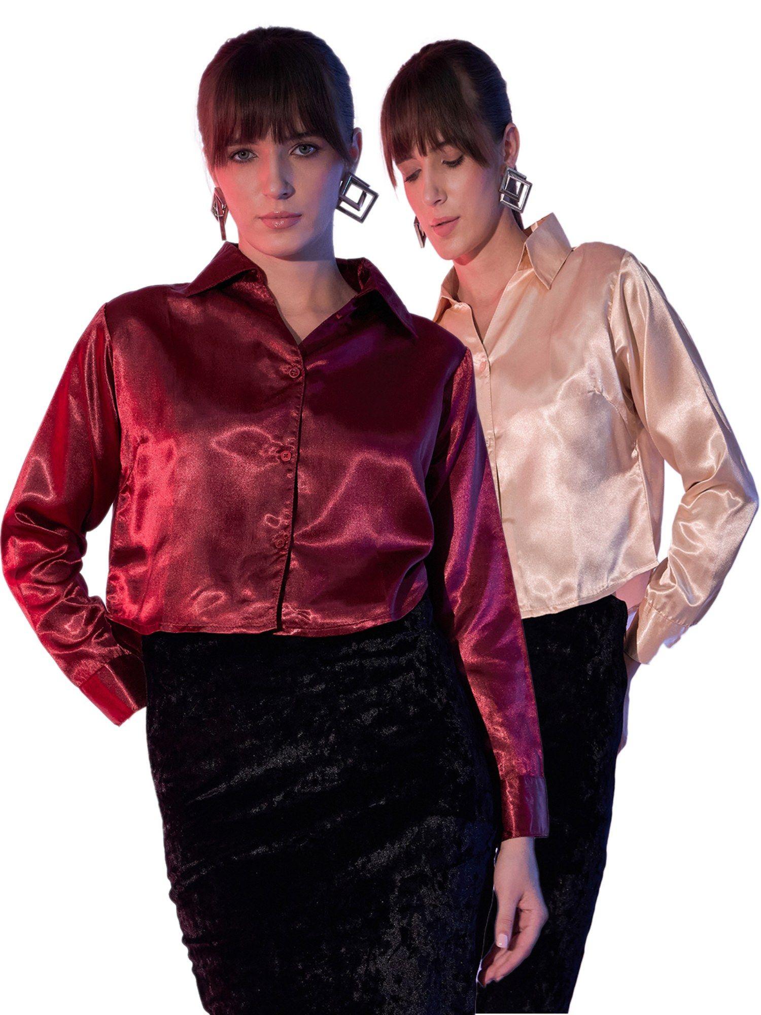 maroon beige womens cropped satin shirts combo (pack of 2)