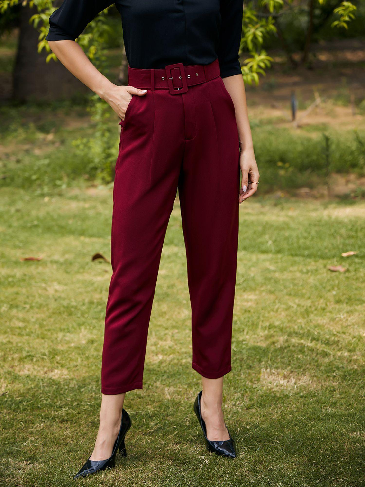 maroon belted high waist straight trouser