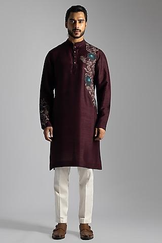 maroon bemberg silk floral thread embroidered kurta set