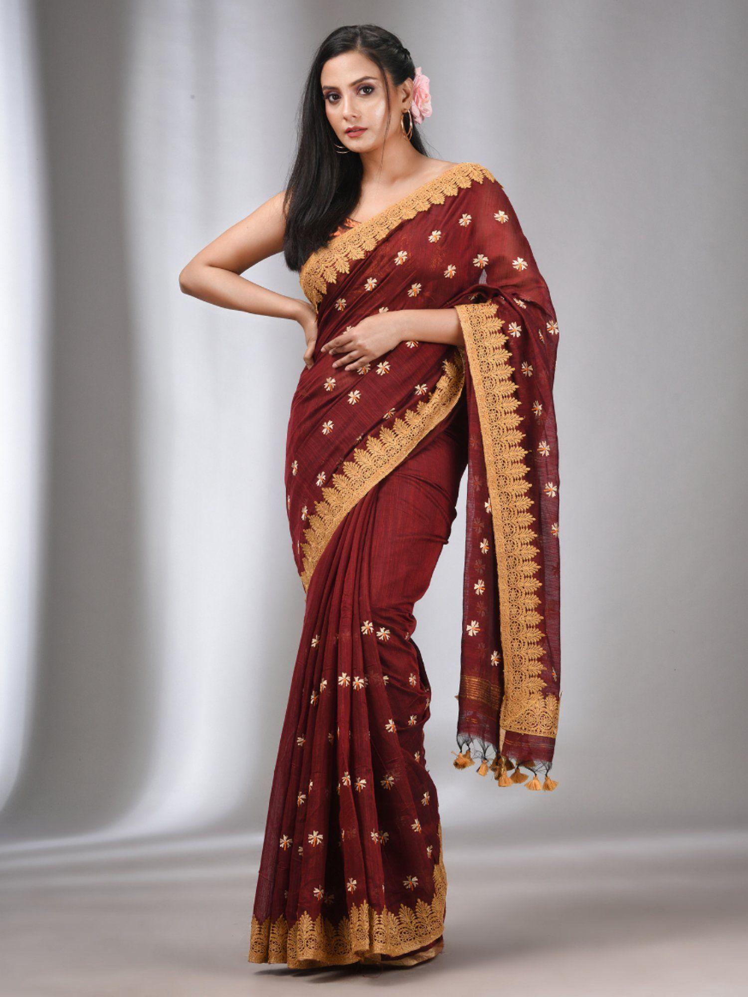 maroon blended cotton handwoven saree with flower motifs with unstitched blouse