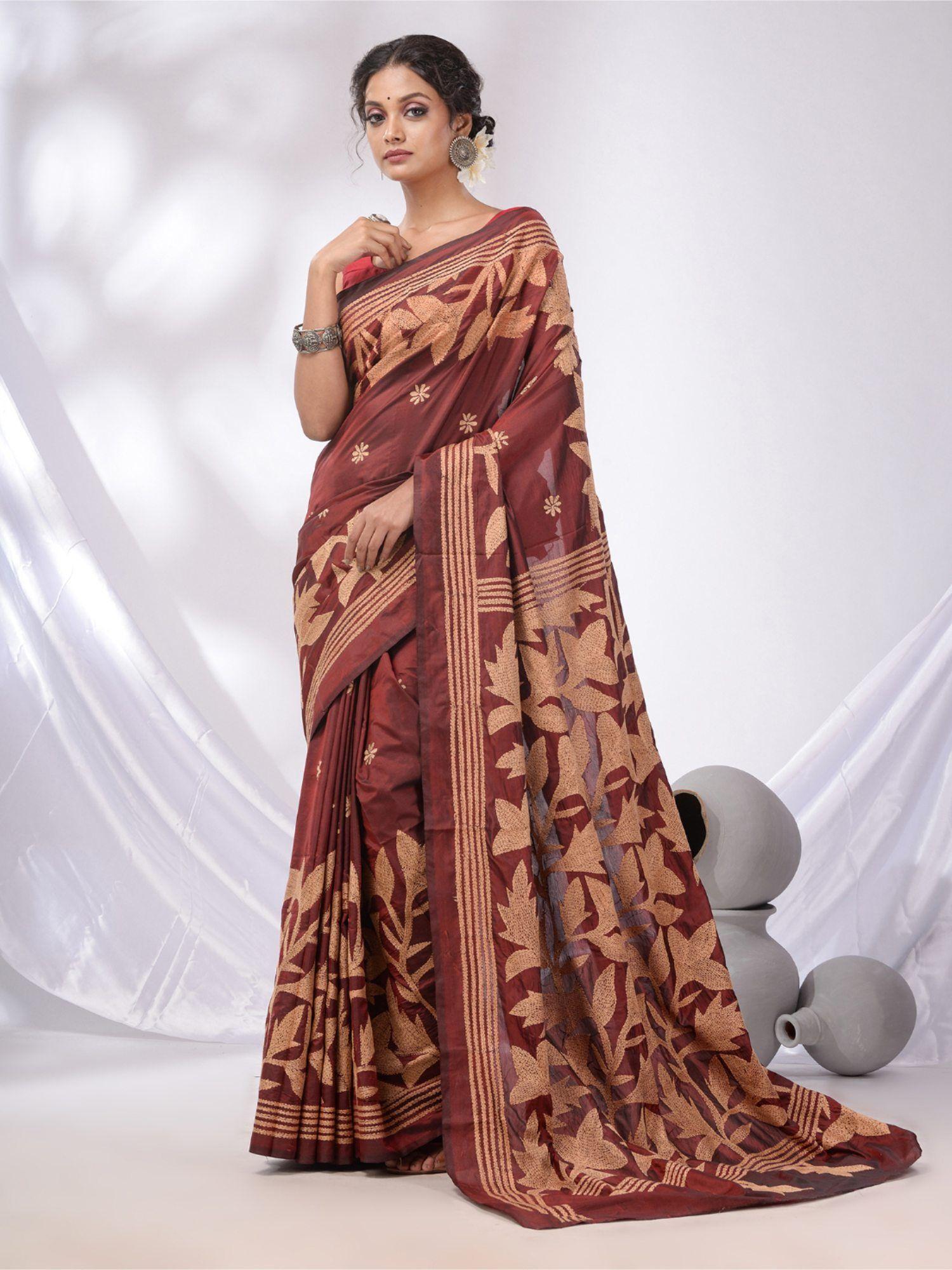 maroon blended silk kantha stitch handwoven saree with unstitched blouse