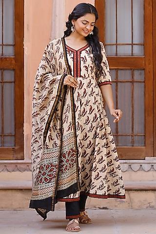 maroon block printed anarkali set