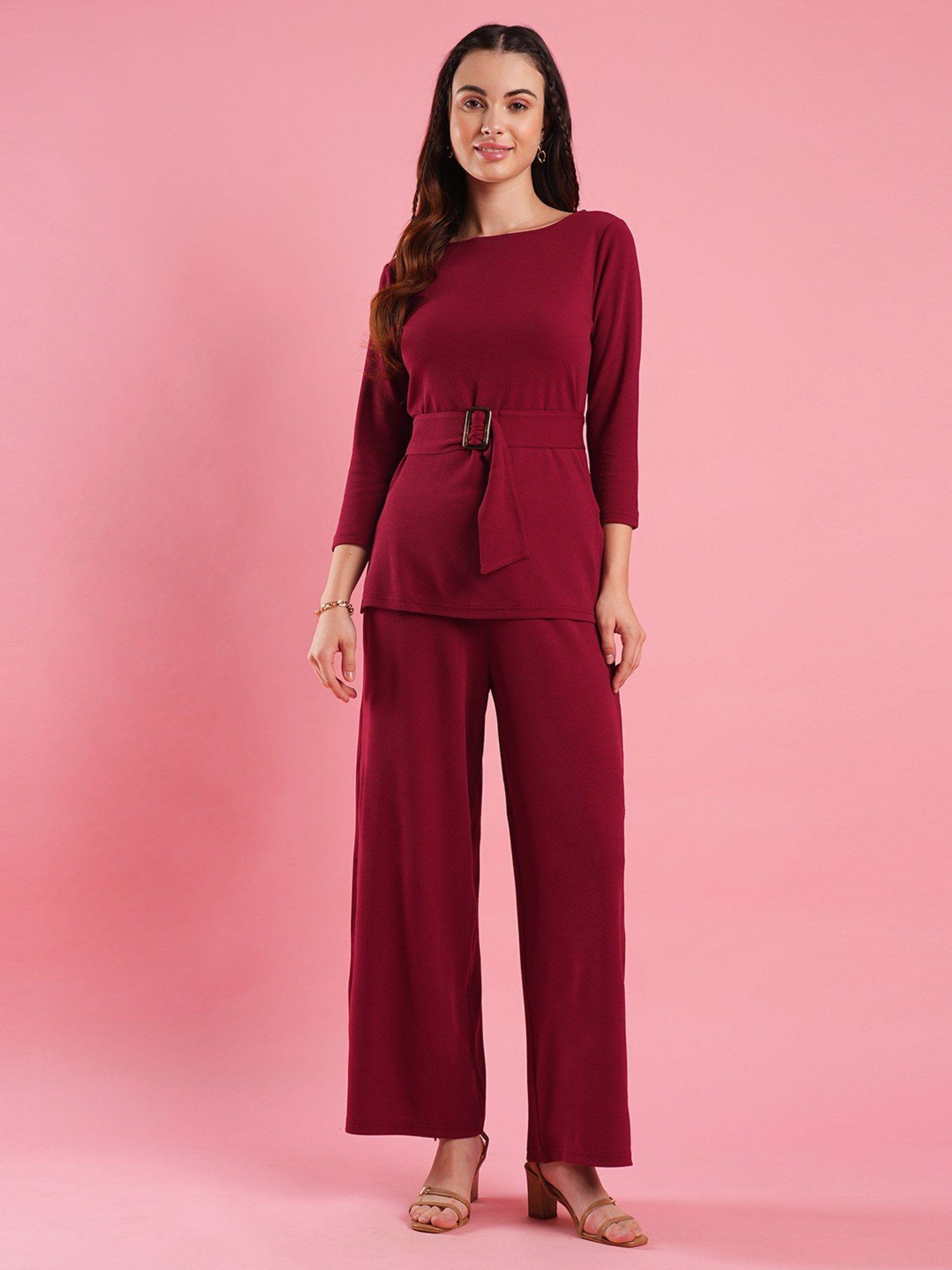 maroon boat neck buckle waist co-ord (set of 2)