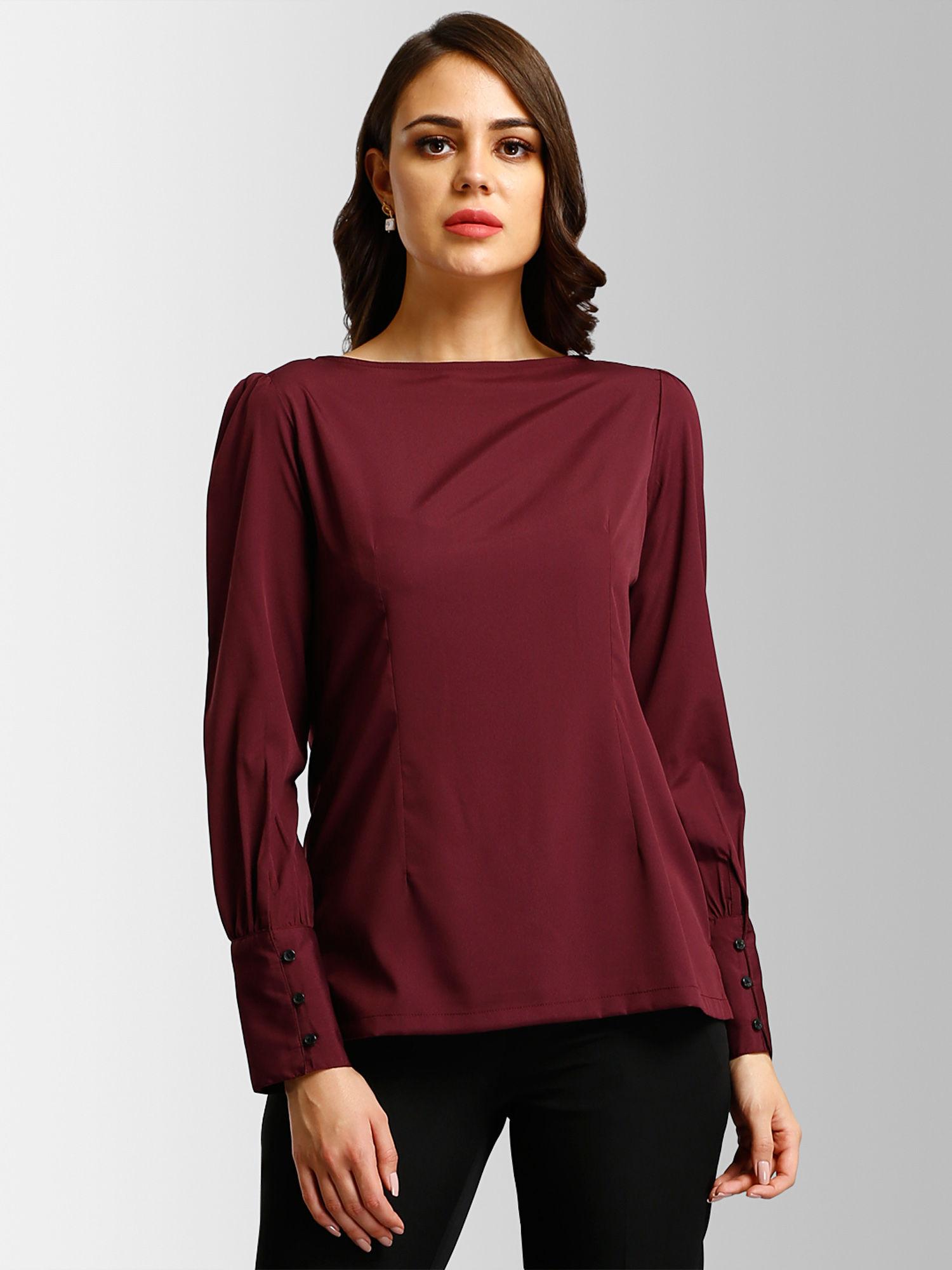 maroon boat neck long sleeves top