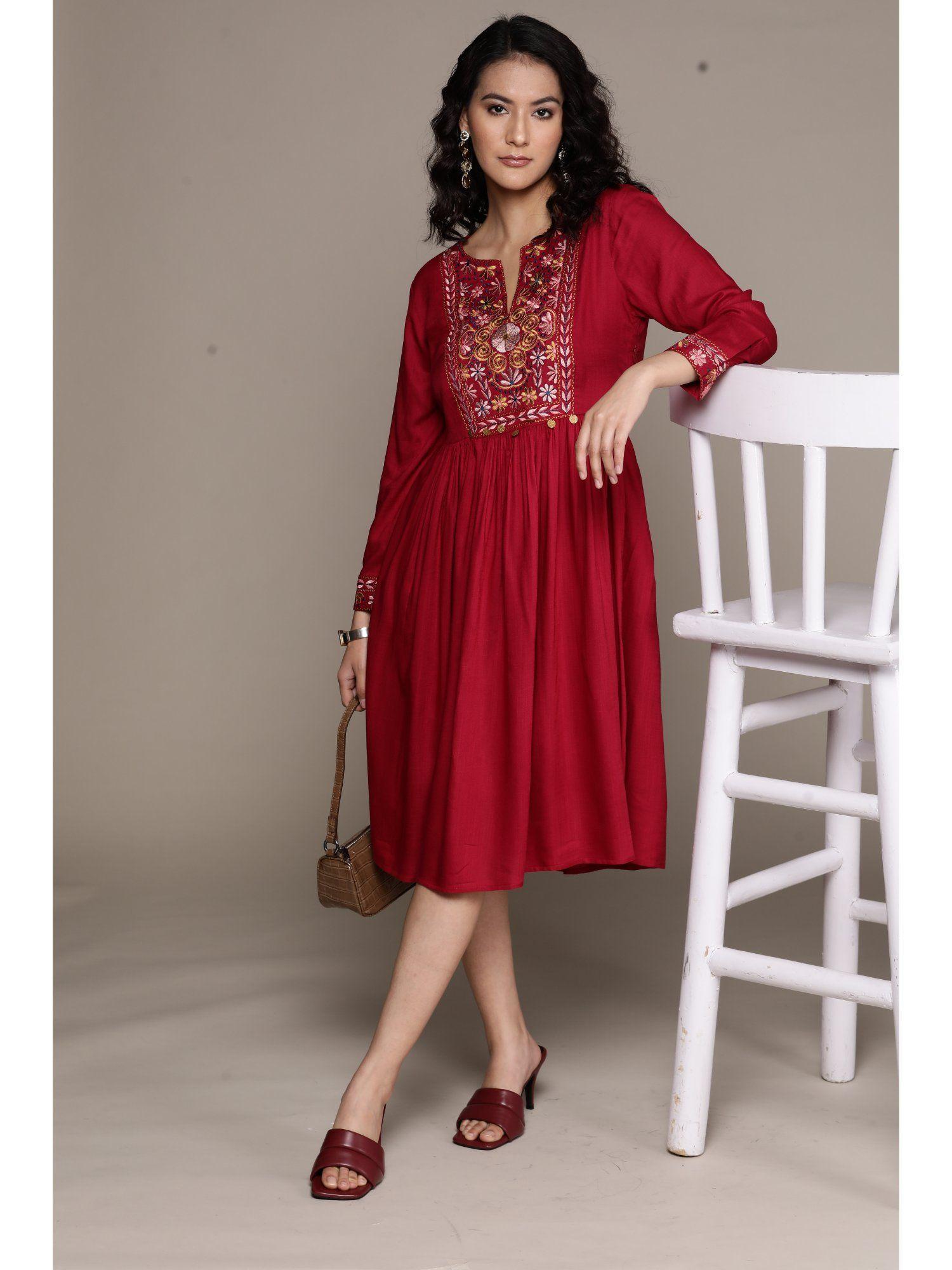 maroon calf length embroidered dress