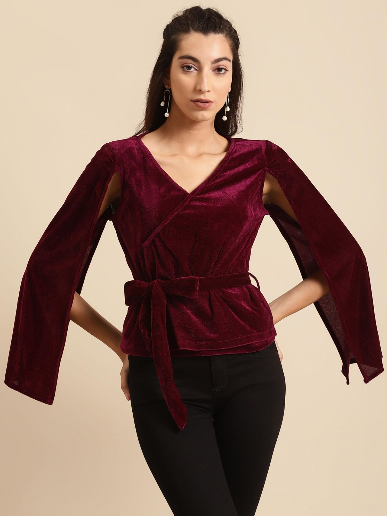 maroon cape sleeves velvet finish top (set of 2)