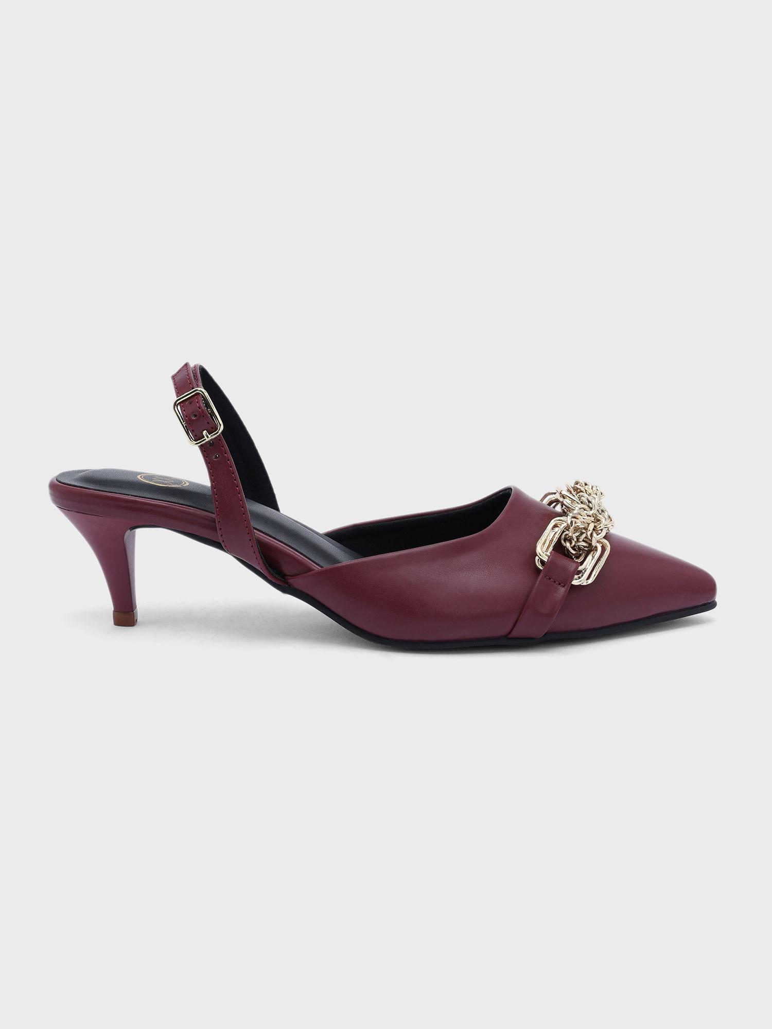 maroon chain link pointed toe kitten heels