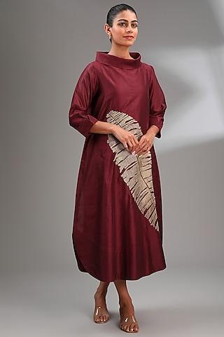 maroon chanderi embroidered midi a-line dress