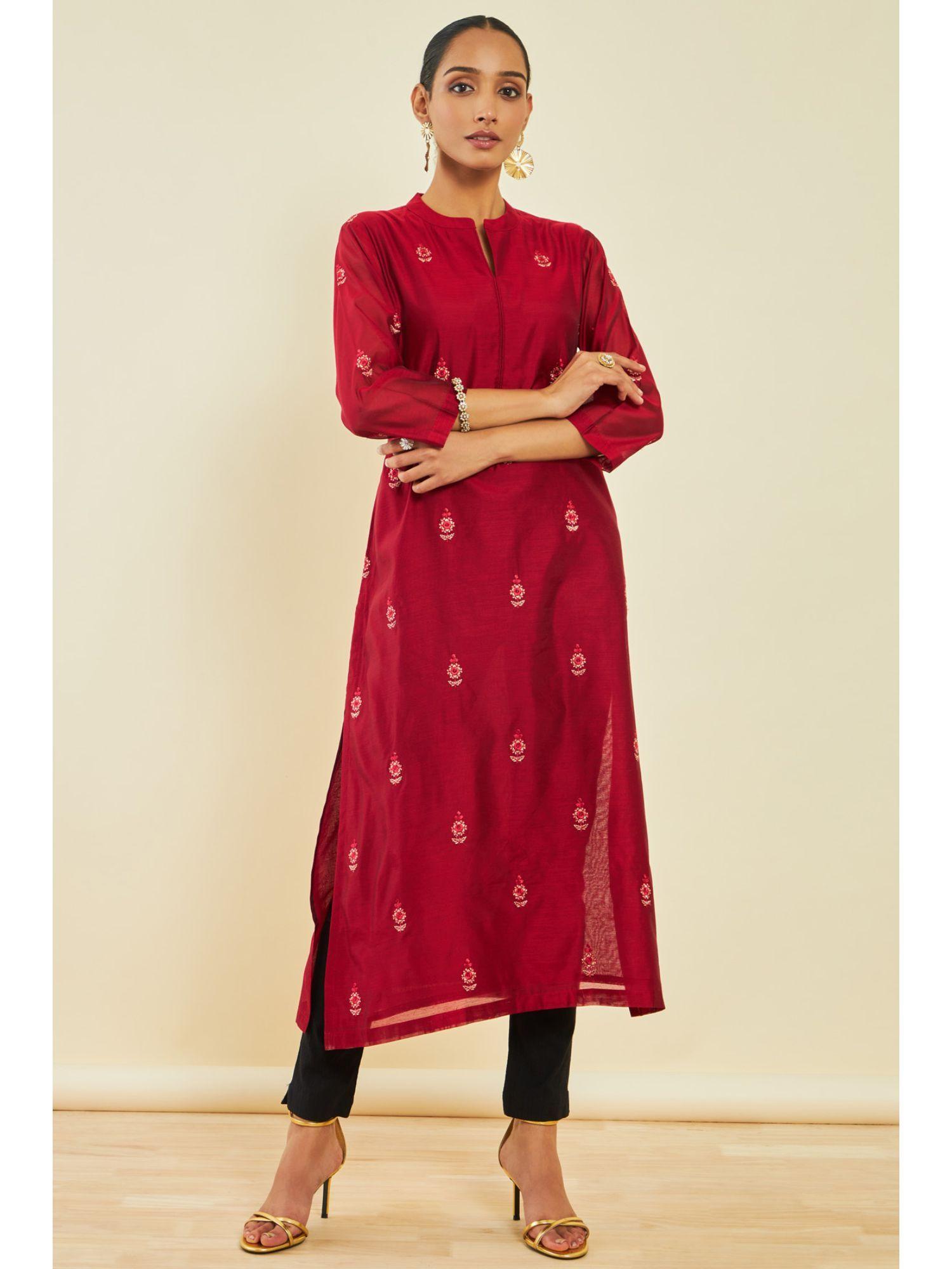 maroon chanderi floral print kurta