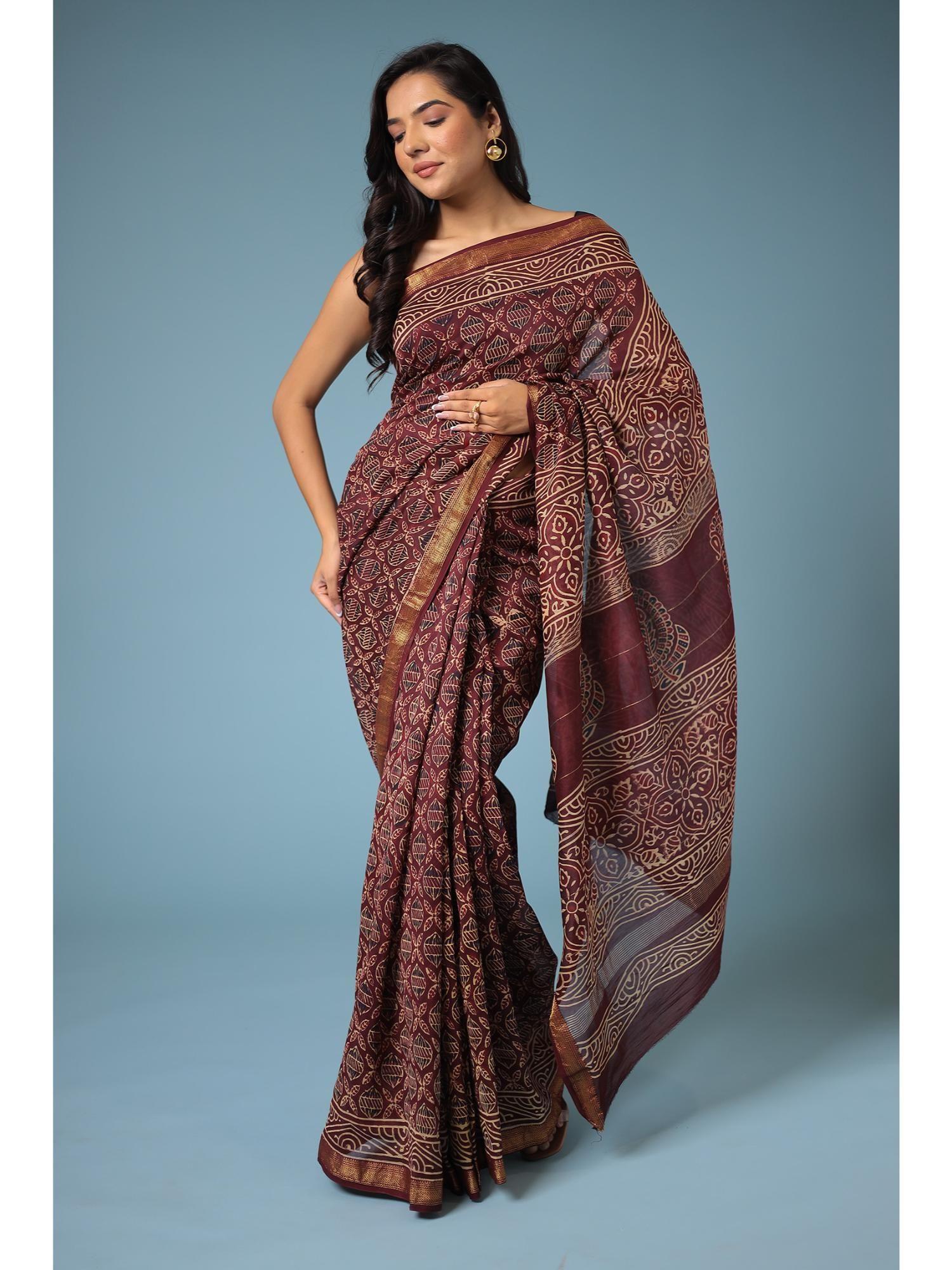 maroon chanderi floral print saree with zari border with unstitched blouse